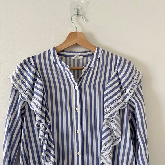 Gap Stripe Eyelet Cascade Ruffle Long Sleeve Button Up Shirt Blue/White XS - Picture 5 of 10